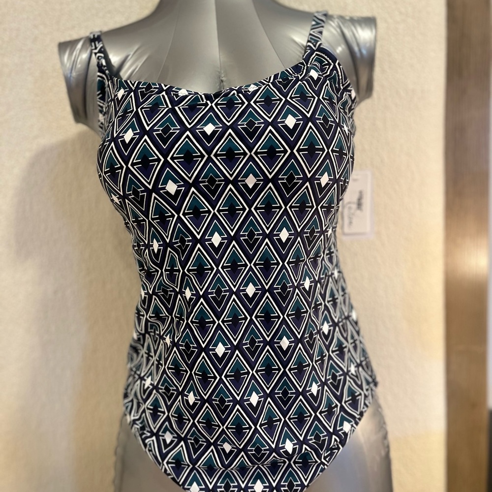 Navy Geometric One-Piece Swimsuit with Adjustable Straps